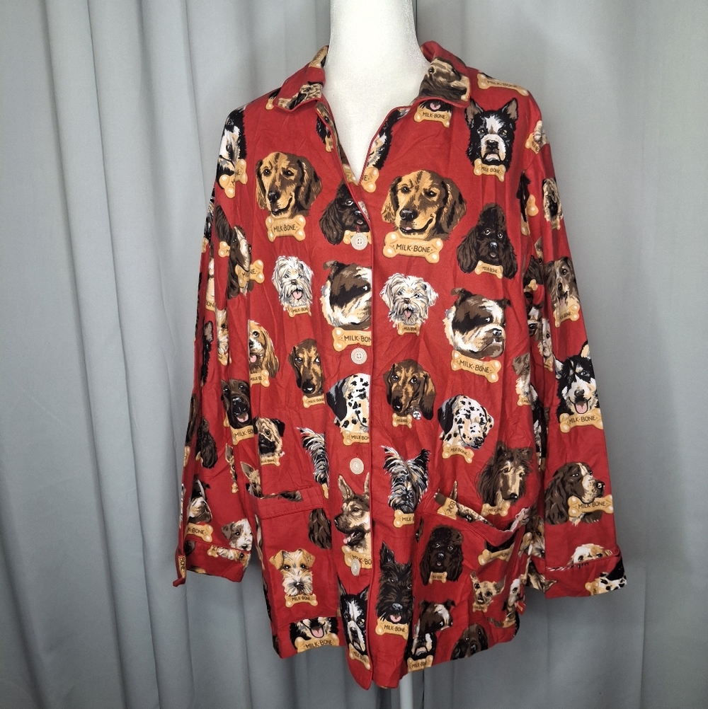 NICK & NORA Pajama Top Dogs Milk Bone Long sleeves Pockets Red Size XXL NWT